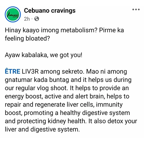 Liv3r Testimonial - Hinay kaayo imong metabolism? Pirme ka feeling bloated?

Ayaw kabalaka, we got you!

ETRE Liv3r among sekreto. Mao ni among gnatumar kada buntag and it helps us during our regular vlog shoot. It helps to provide an energy boost, active and alert brain, helps to repair and regenerate liver cells, immunity boost, promoting a healthy digestive system and protecting kidney health. It also detox your liver and digestive system.