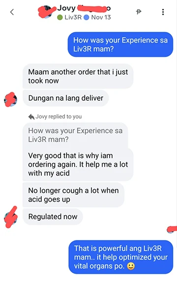 Liv3r Testimonial - Very good that is why I am ordering again. It help me a lot with my acid. No longer cough a lot when acid goes up. Regulated now