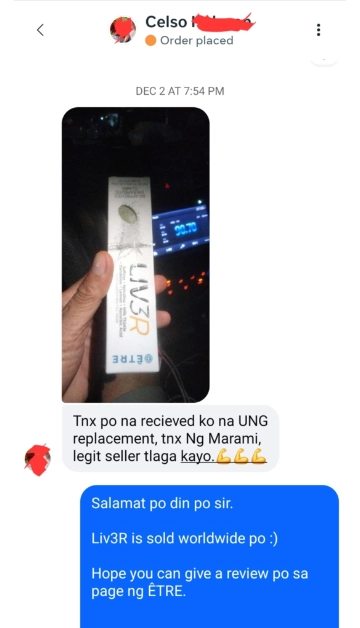 Liv3r Testimonials - Nareceived ko na yung replacement, thanks ng marami.
Legit seller talaga kayo.