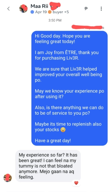 Liv3r Testimonials - It has been great! I can feel na my tummy is not that bloated anymore. Medyo gaan na akong feeling.
