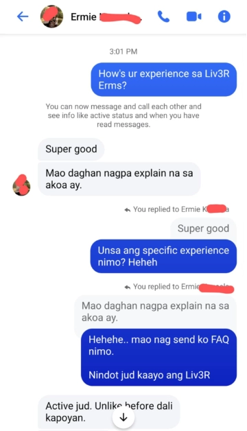 Liv3r Testimonials - My experience is super good.
Mao daghan nagpa explain na sa akoa ay.
Active jud. Unlike before dali kapoyan.