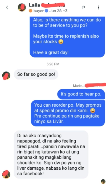 Liv3r Testimonials - Di na ako masyadong napapagod, di na ako feeling tired parati. Pansin nawawala na rin bigat ng katawan ko at yung pananakit ng magkabilang shoulder ko. Sign daw po yun ng liver damage, nabasa ko lang din sa facebook.