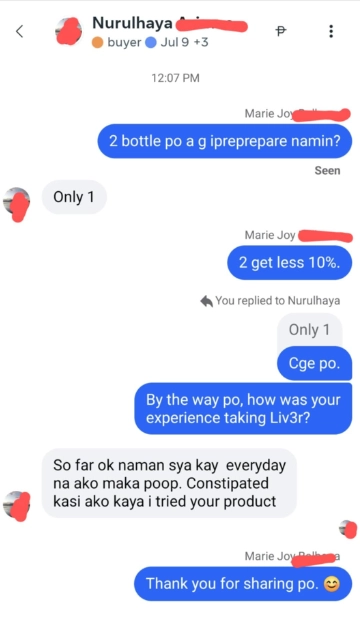 Liv3r Testimonials - So far ok naman siya kay everyday na ako makapoop. Constipated kasi ako kaya I tried your product.