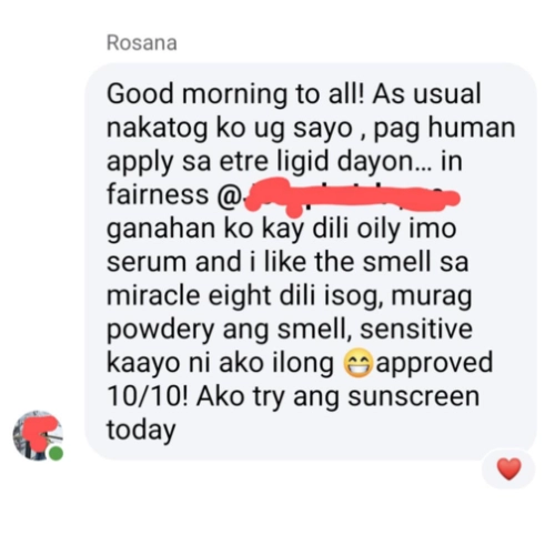 EGF Serum and Miracle8 Testimonials - As asual nakatog ko ug sayo, pag human apply sa ETRE ligid dayon. In fairness ganahan ko kay dili oily imo EGF Serum and I like the smell sa Miracle8 dili isug, murag powdery ang smell, sensitive kaayo ni ako ilong. Approved 10/10!
Ako itry ang sunscreen today.