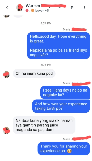 Liv3r Testimonials - Naubos ko na gamitin yung isa ok naman sya gamitin parang juice maganda sa pag dumi.