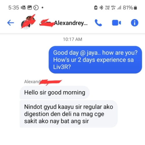 Liv3r Testimonials - Nindot gyud kaayo. Regular ako digestion then dili na mag cge sakit ako naybat ang sir.