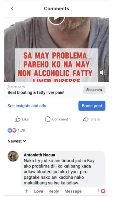 Liv3r Testimonials - Naka try jud ko ani tinood ni kay ako problema dili ko kalibang kada adlaw bloated jud ako tiyan. Pero pagtake nako an kadoha nako makalibang sa isa ka adlaw.