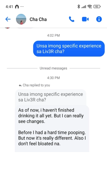 Liv3r Testimonials - As of now, I havent finished drinking it all yet. But I can really see changes. Before I had a hard time pooping. But now it's really different. Also I don't feel bloated now.