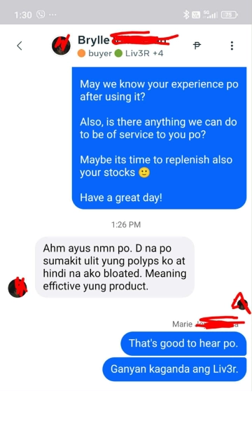Liv3r Testimonials - Ayos naman po. Hindi na po sumakit ulit yung polyps ko at hindi na ako bloated. Meaning effective yung product.