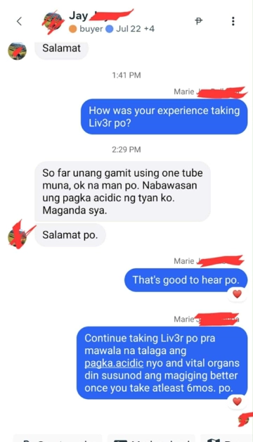 Liv3r Testimonials - So far unang gamit using one tube muna, ok naman po. Nabawasan yung pagka acidic ng tyan ko. Maganda sya. Salamat po.