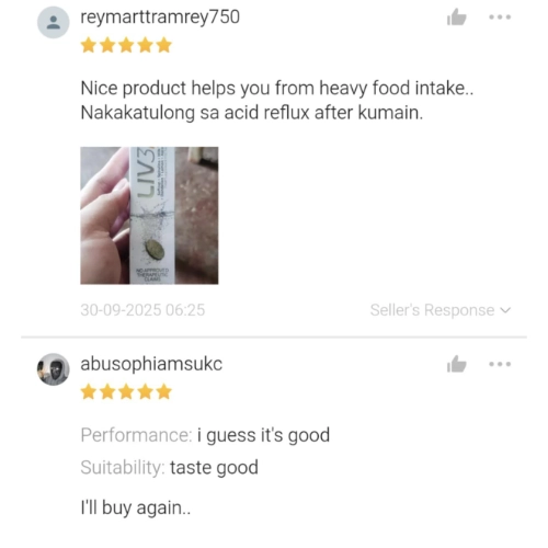 Liv3r Testimonials - Nice product helps you frorm heavy food intake. Nakakatulong sa acid reflux after kumain.