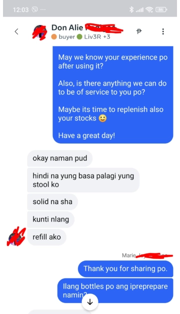 Liv3r Testimonials - Okay naman pud. Hindi na yung basa palagi ang stool ko, solid na siya. Kunti nalang refill ako.