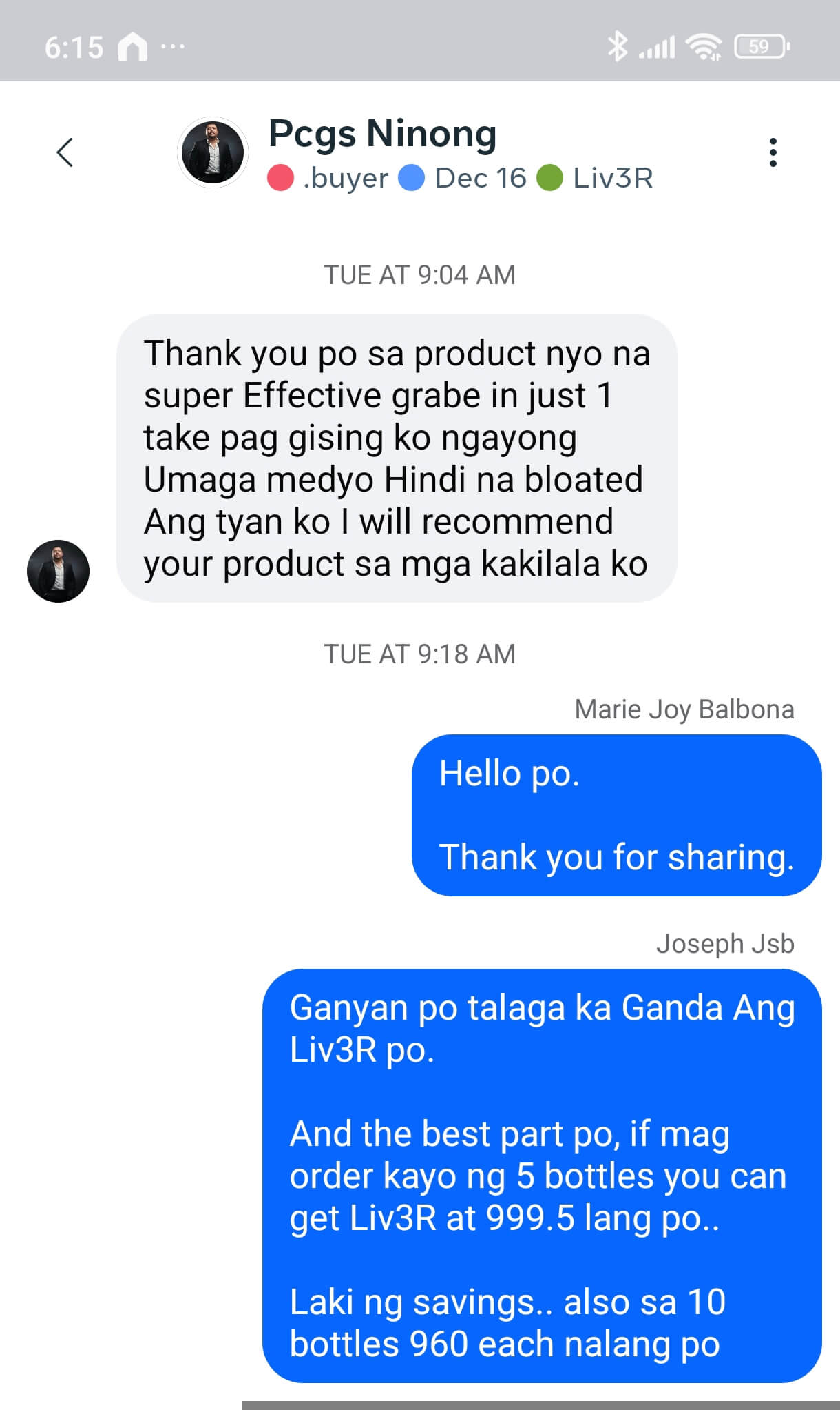 Liv3r Testimonials - Thank you po sa product niyo na super effective. Grabe in just 1 take pag gising ko ngayong umaga medyo hindi na bloated ang tiyan ko I will recommend your product sa mga kakilala ko.