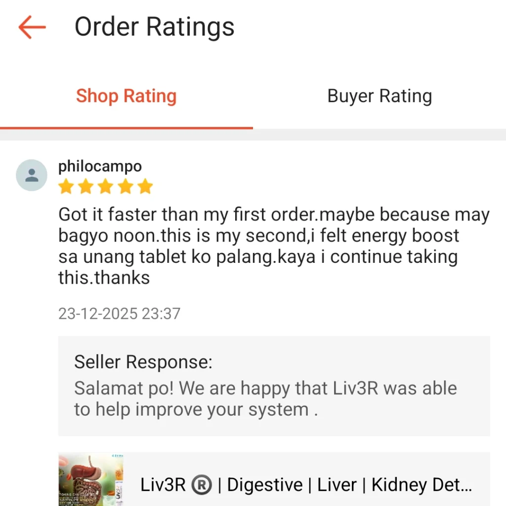 Liv3r Testimonials - Got it faster than my first order maybe because may bagyo noon. This is my second, I felt enery boost sa unang tablet ko palang kaya I continue taking this. Thanks.