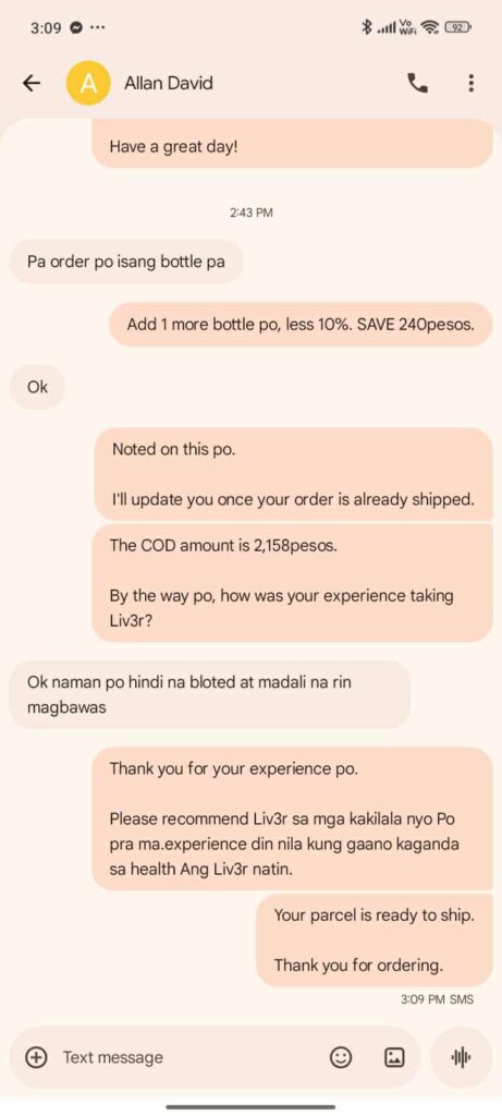 Liv3r Testimonials - Pa order po isang bottle pa. Ok naman po hindi na bloated at madali na rin magbawas.