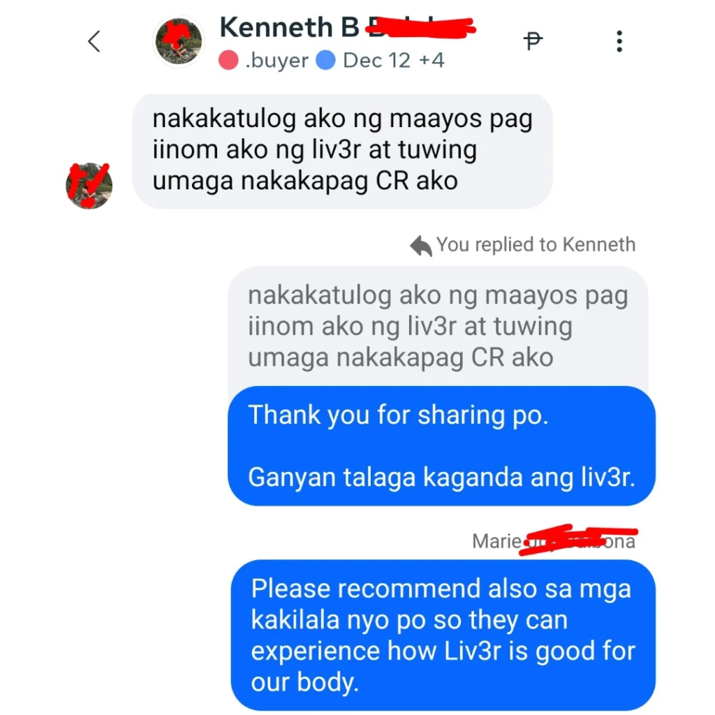 Liv3r Testimonials - Nakakatulog ako ng maayos pag iinom ako ng liv3R at tuwing umage nakakapag CR ako.