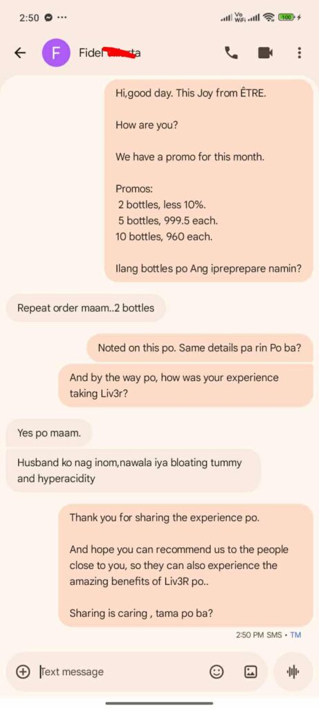 Liv3r Testimonials - Repeat order, 2 bottles. Husband ko nag inom, nawala iya bloating tummy and hyperacidity.