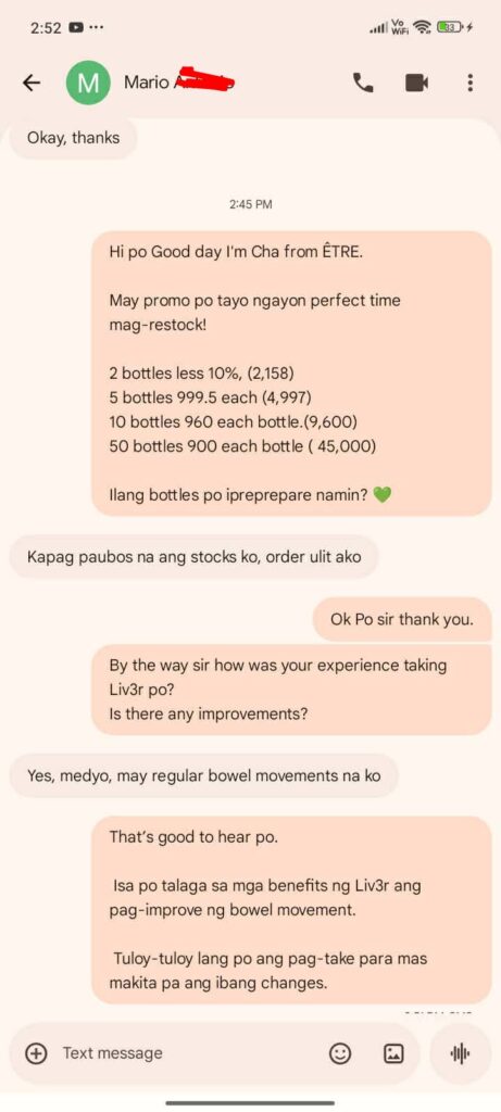 Liv3r Testimonials - Kapag paubos na ang stocks ko, order ulit ako.
Yes, medyo, may regular bowel movements na ako.