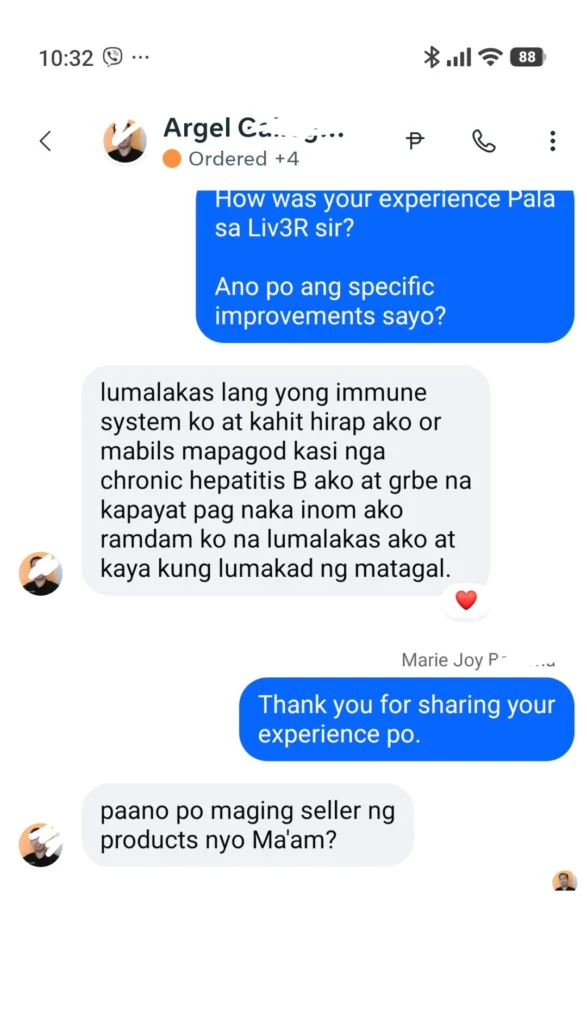 Liv3r Testimonials - Lumalakas yong immune system ko at kahit hirap ako or mabilis mapagod kasi nga chronic hepatitis B ako at grabe na kapayat, pag naka-inom ako, ramdam ko na lumalakas ako at kaya kong lumakad ng matagal.