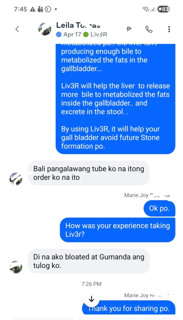 Liv3r Testimonials - Bali pangalawang tube ko na itong order ko na ito. Di na ako bloated at gumanda ang tulog ko.