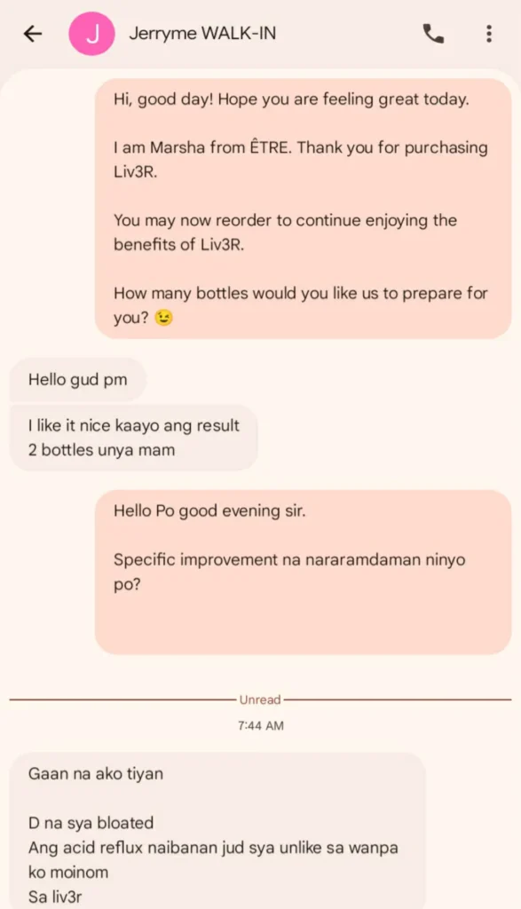 Liv3r Testimonials - I like it, nice kaayo ang result. Gaan na ako tiyan, di na siya bloated. Ang acid reflux, naibanan jud siya unlike sa wa pa ko moinom sa liv3r.