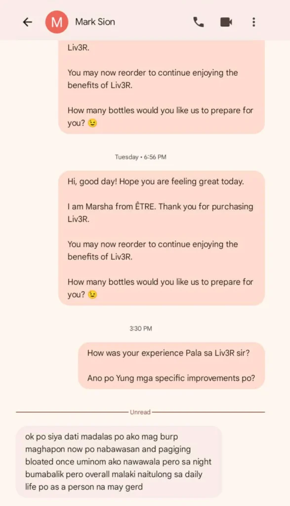 Liv3r Testimonials - Ok po siya. Dati madalas po ako mag burp maghapon, now po nabawasan ang pagiging bloated once uminom ako nawawala pero sa night bumabalik. Pero overall malaki naitulong sa daily life po as a person na may gerd.