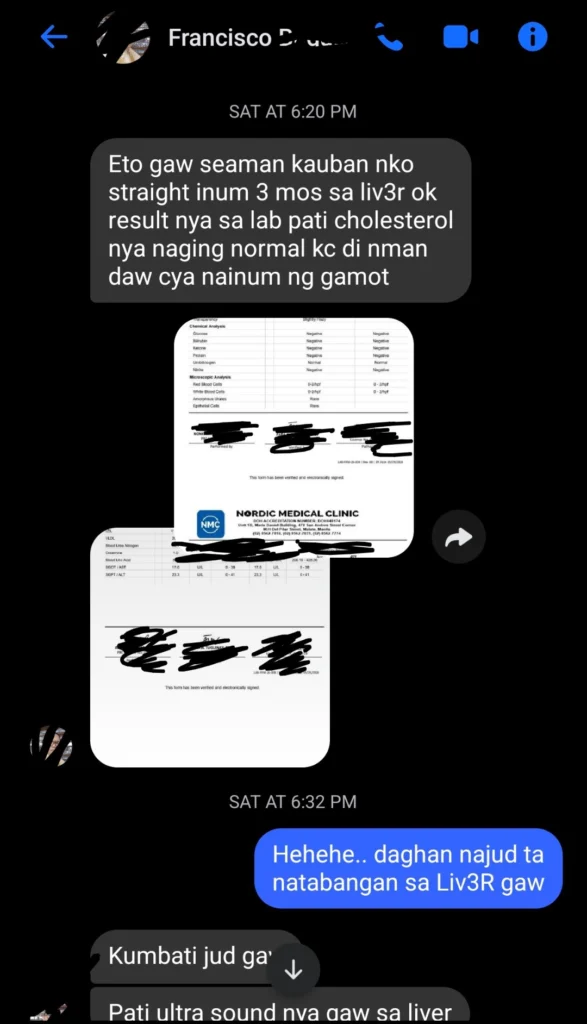 Liv3r Testimonials - Eto seaman kauban nako. Straight inom 3 months sa liv3r ok result niya sa lab pati cholesterol niya naging normal kasi di naman daw siya nainom ng gamot.