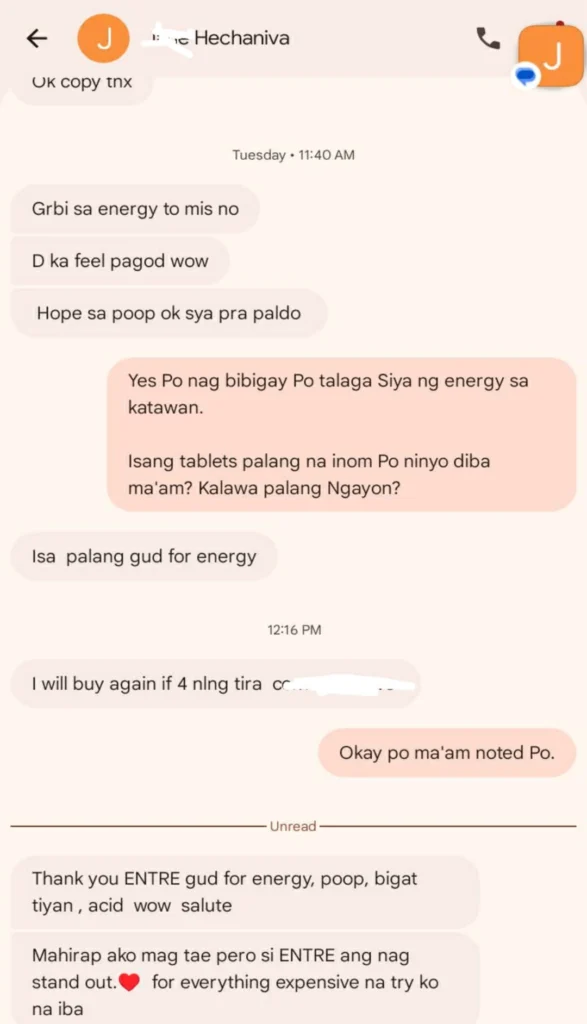 Liv3r Testimonials - Grabe sa energy to Miss no? Di ka feel pagod, wow! Hope sa poop, ok siya para paldo. Isa palang good for energy na, I will buy again if 4 nalang natira. Thank you ETRE, good for energy, poop, bigat tiyan, acid. Wow! Salute! Mahirap ako magtae pero si ETRE ang nagstandout for everything expensive na try ko na iba.
