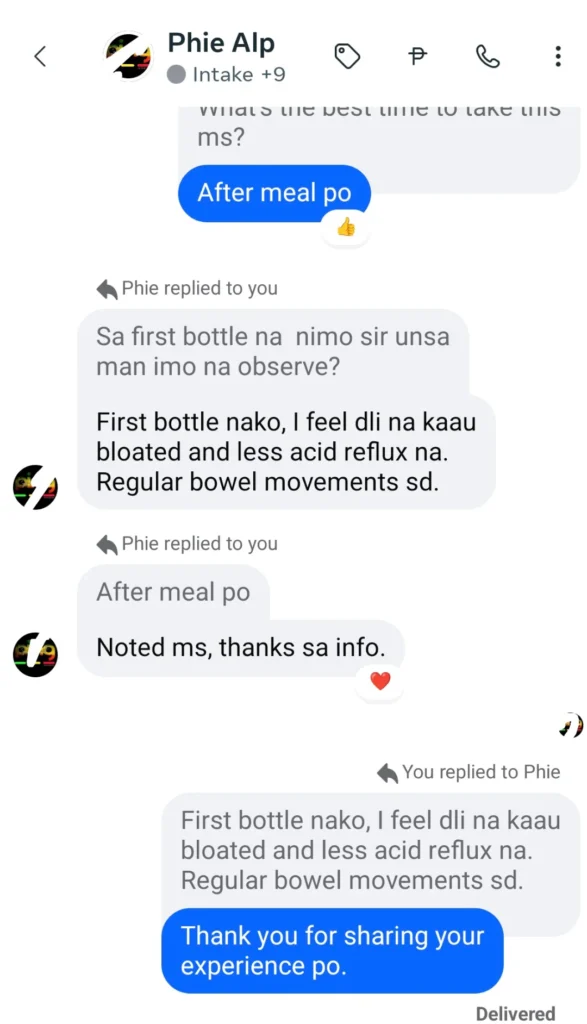 Liv3r Testimonials - First bottle nako, I feel dili na kaayo bloated and less acid reflux na. Regular bowel movements sad.
