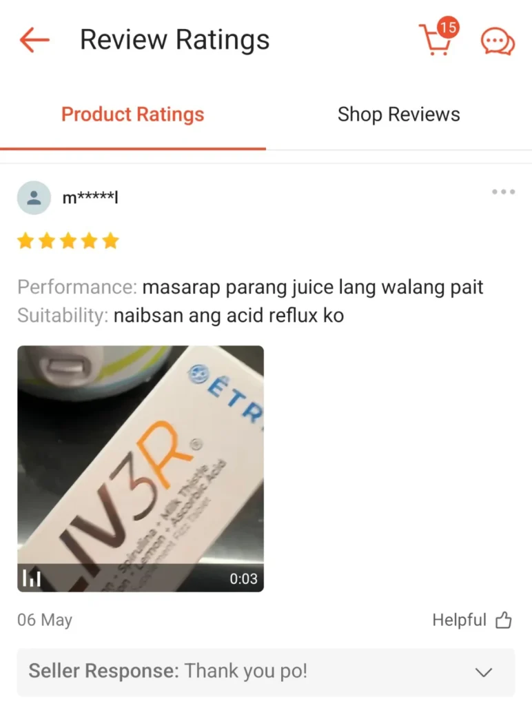 Liv3r Testimonials - Masarap, parang juice lang. Walang pait. Naibsan ang acid reflux ko.
