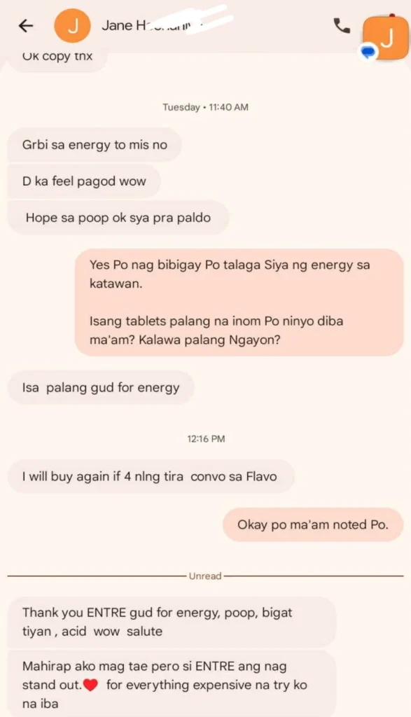Liv3r Testimonials - Grabe sa energy to no? Di ka feel pagod, wow! Hope sa poop ok siya para paldo. Isa palang, good for energy na. Thank you ETRE, good for energy, poop, bigat tiyan, acid, wow salute! Mahirap ako magpoop pero si ETRE ang nagstand out for everything expensive na try ko na iba.