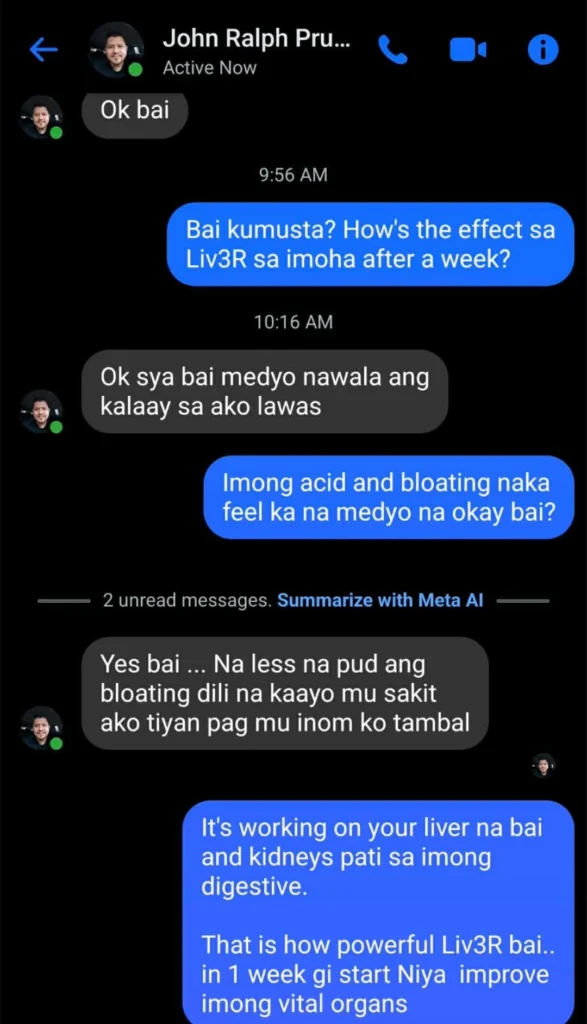 Liv3r Testimonials - Ok siya medyo nawala ang kalaay sa ako lawas.
Naless na pud ang bloating dili na kaayo mu sakit ako tiyan pag muinom ko tambal