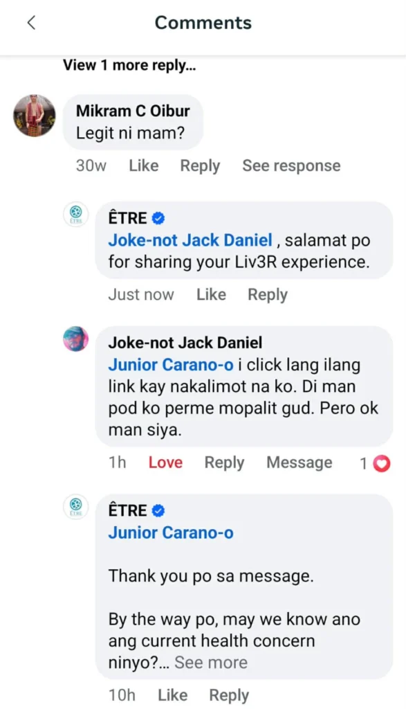 Liv3r Testimonials - I-click lang ilang link kay nakalimot na ko. Di man pod ko perme mopalit. Pero ok man siya.