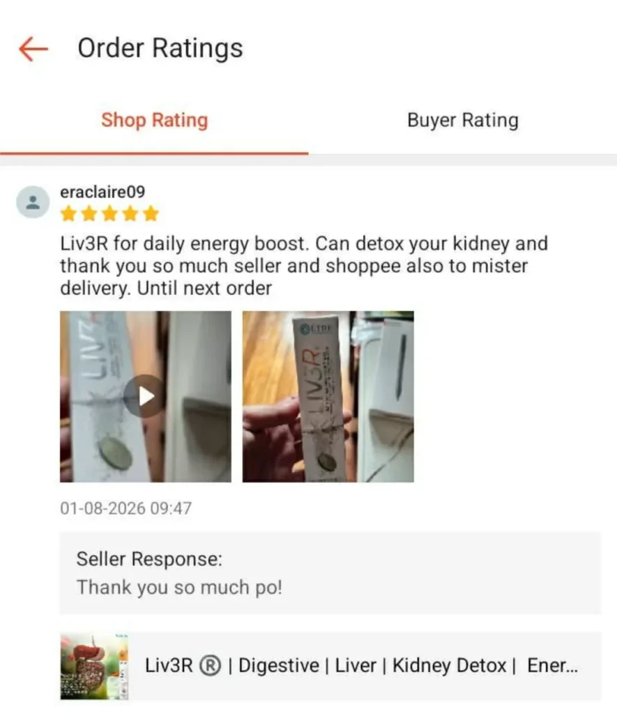 Liv3r Testimonials - Liv3r for daily energy boost. Can detox your kidney. Until next order.