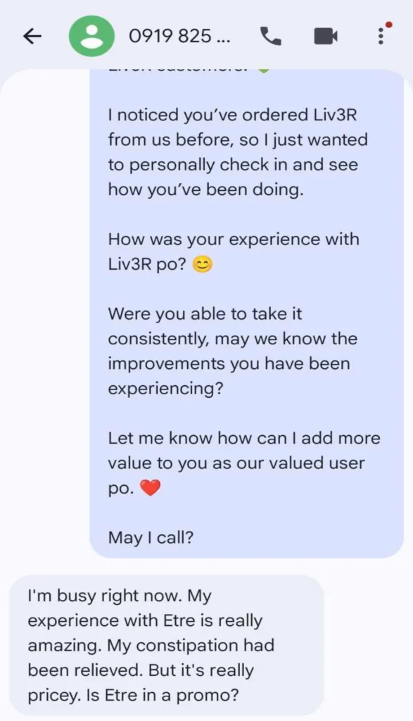 Liv3r Testimonials - My experience with ETRE is really amazing. My constipation had been relieved.