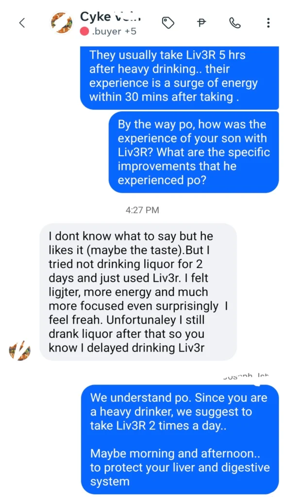 Liv3r Testimonials - He (my son) likes it. I tried not drinking liquor for 2 days and just used Liv3r. I felt lighter, more energy and much more focused even surprisingly I feel fresh.