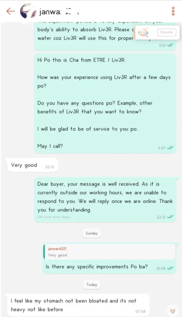 Liv3r Testimonials - Very good. I feel like my stomach not bloated and its not heavy not like before.